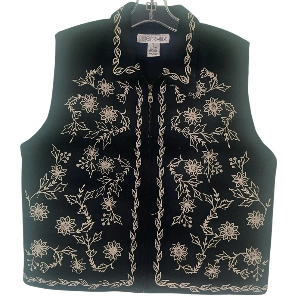 Chrysantheme vintage wool blend vest with cream embroidery. Size large GUC - Picture 3 of 9